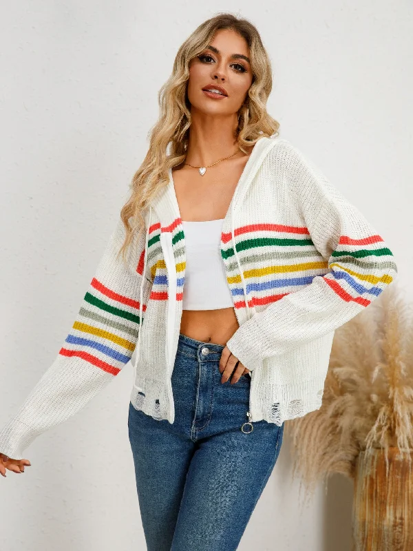 Drawstring Striped Dropped Shoulder Hooded Cardigan Youthful Women's Pop