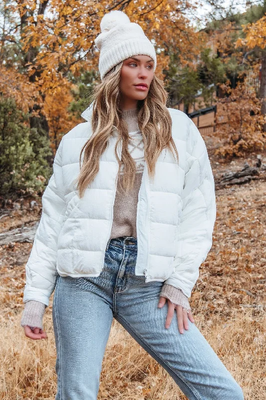 White Zip Up Puffer Jacket Dapper Women's Bow - adorned