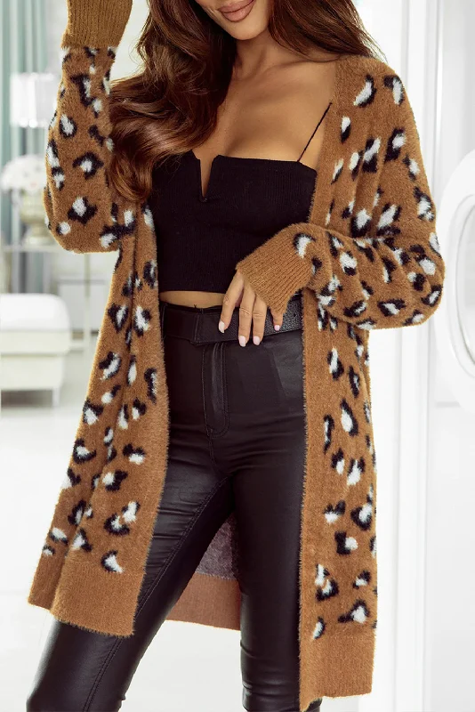 Full Size Leopard Open Front Long Sleeve Cardigan Disco