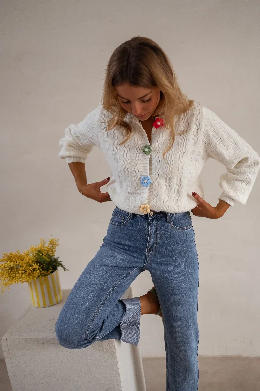 Ecru Alenzo Cardigan with Floral Buttons Sporty Women's Tennis