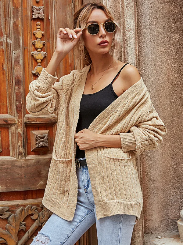 Ribbed Open Front Long Sleeve Cardigan Relaxed Women's 