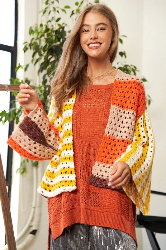 Davi & Dani Openwork Open Front Striped Cardigan Artistic Women's Hand - painted