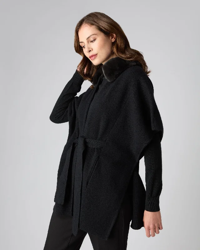 Women's Cashmere Cape With Fur Collar Black Feminine Women's Style 