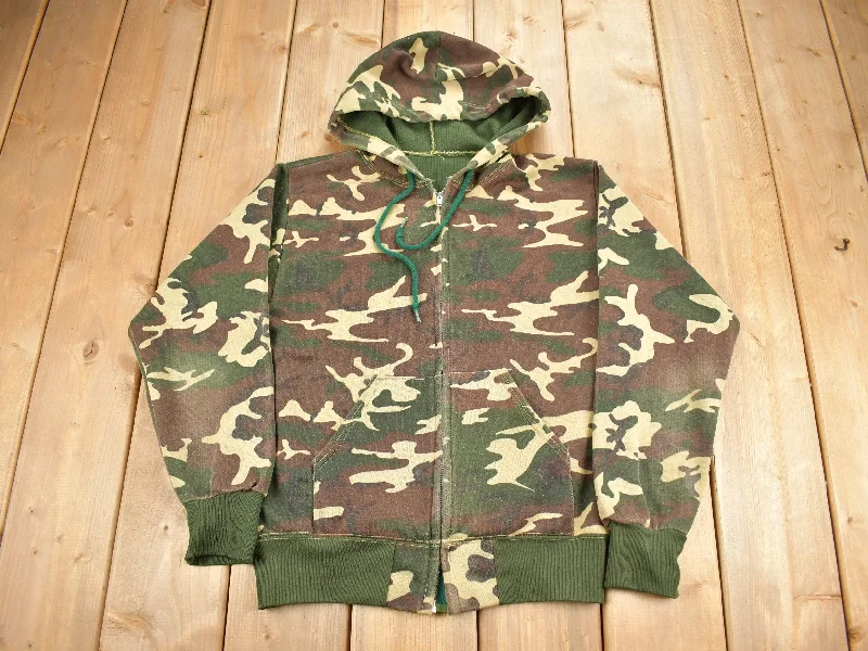 Vintage 1980s Thermal Lined Woodland Camo Zip Up Hoodie Edgy Women's Punk