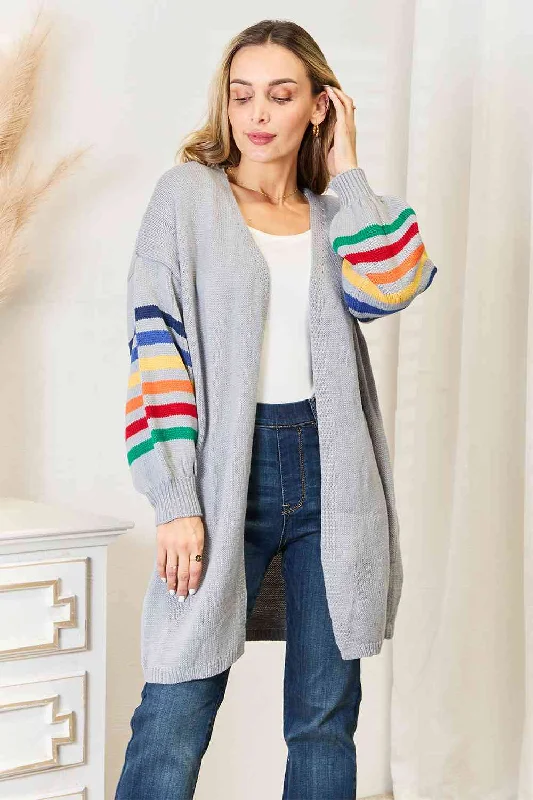 Double Take Multicolored Stripe Open Front Longline Cardigan Stylish Women's Neon