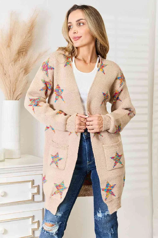 Double Take Star Pattern Open Front Longline Cardigan Sophisticated Women's Tailored