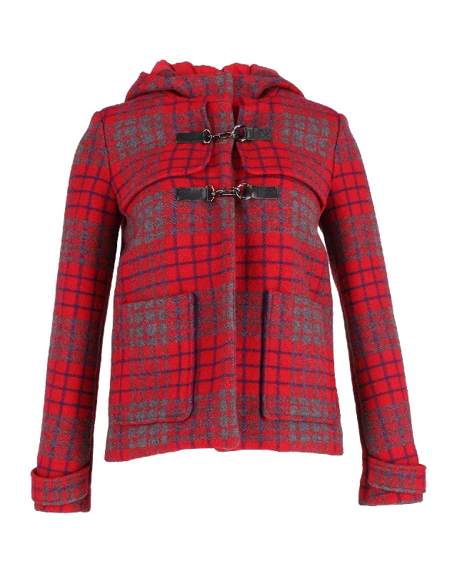 Maje Hooded Checkered Coat in Red Wool Youthful Women's Anime - inspired