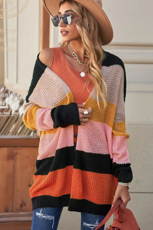 Striped Waffle Knit Open Front Cardigan Streetwear Style for 