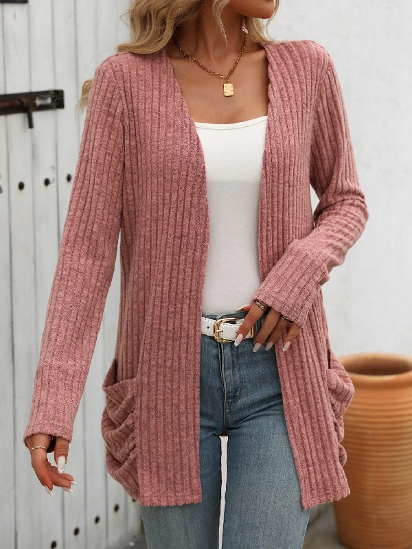 Open Front Long Sleeve Ribbed Cardigan Refined Women's Hand - crafted