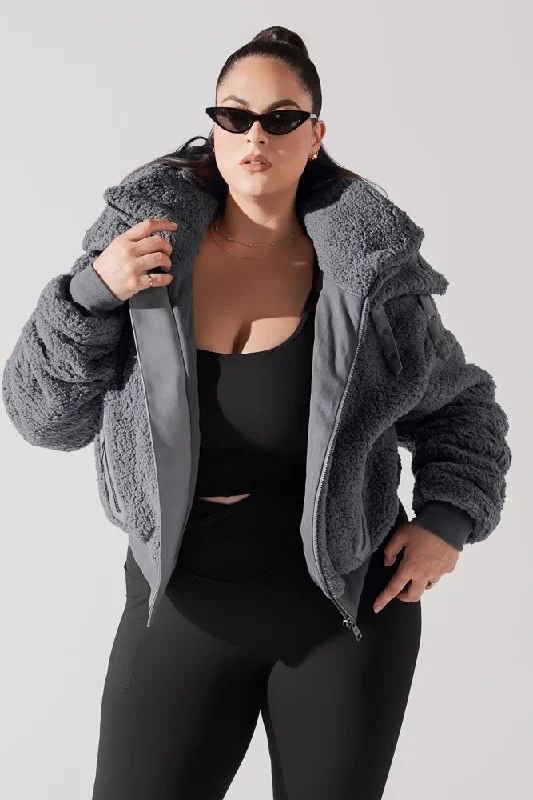 The Kinsley Bomber Jacket in Faux Sherpa - Grey Athletic Women's 