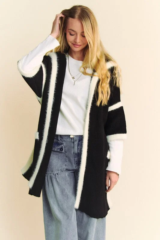 Davi & Dani Fuzzy Trim Open Front Loose Fit Cardigan Adventure