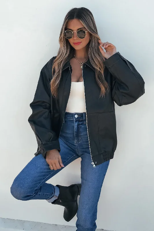 Black Wash Faux Leather Jacket Sporty Women's Athleisure 