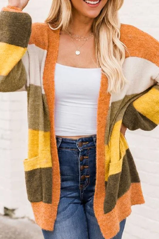 Open Front Color Block Cardigan Polished Women's Silk