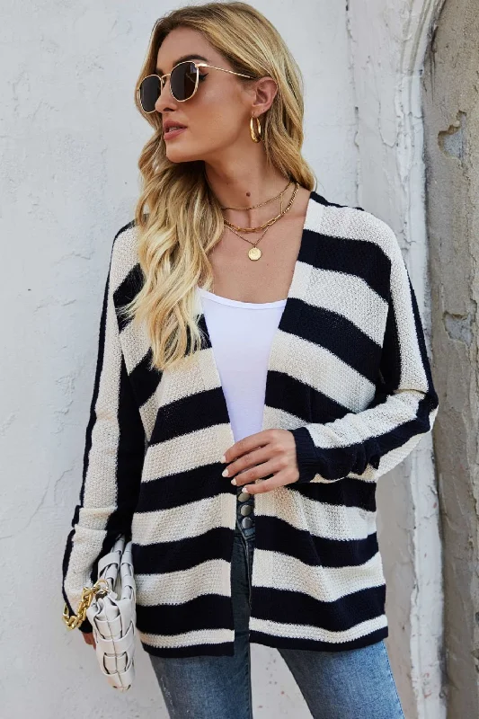 Striped Dolman Sleeve Open Front Cardigan Elegant Women's 