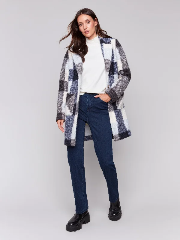 Plaid Bouclé Knit Coat - Navy Dapper Women's Bow - adorned