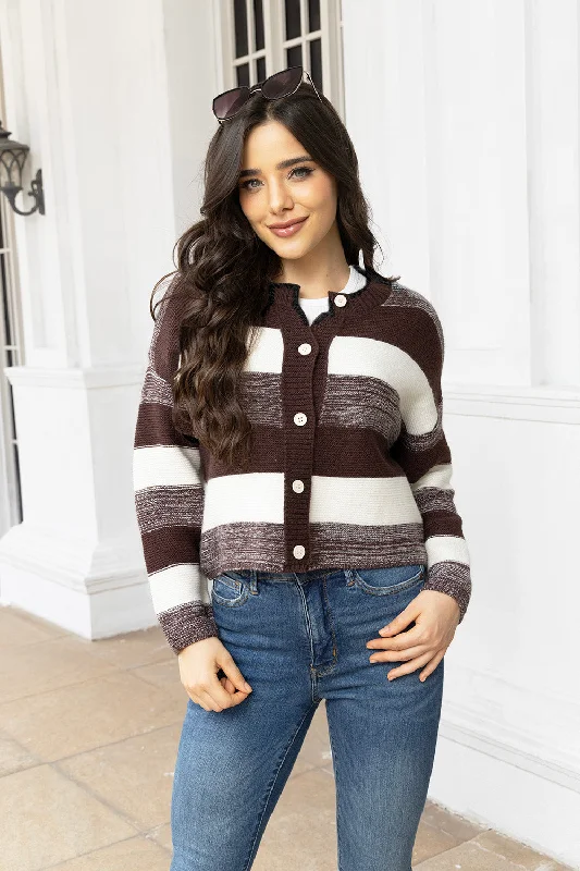 Striped Button Up Long Sleeve Cardigan Dapper Women's Bow - adorned