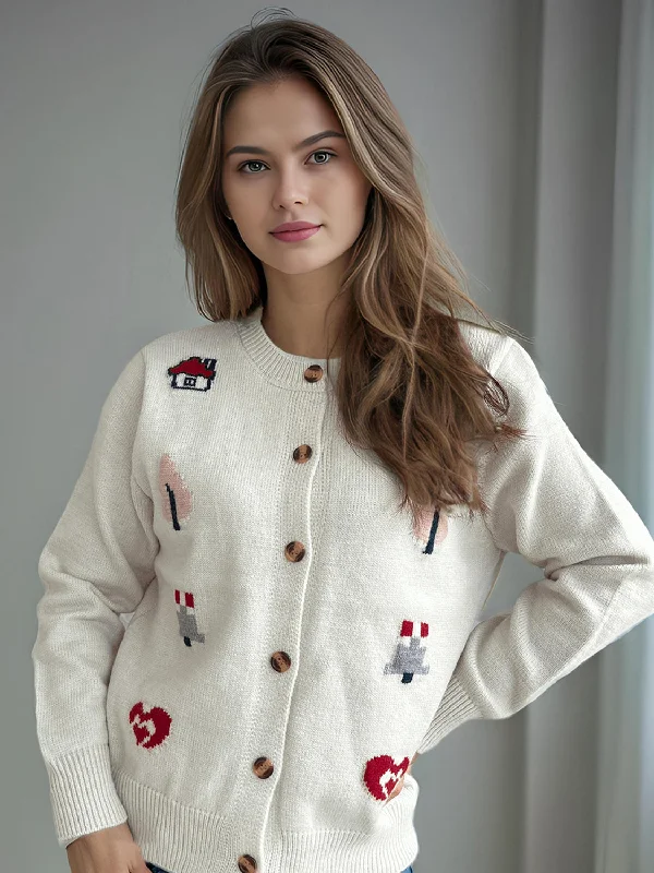 Button Up Round Neck Long Sleeve Cardigan Minimalist Women's Casual