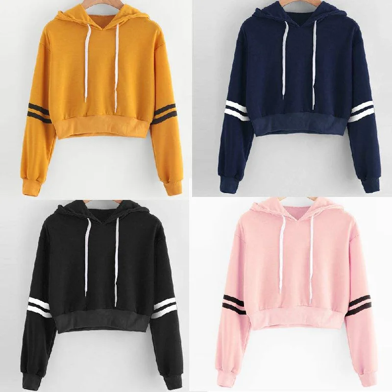 Striped printed long-sleeve cropped hooded sweatshirt Short T-shirt Refined Women's Classic 