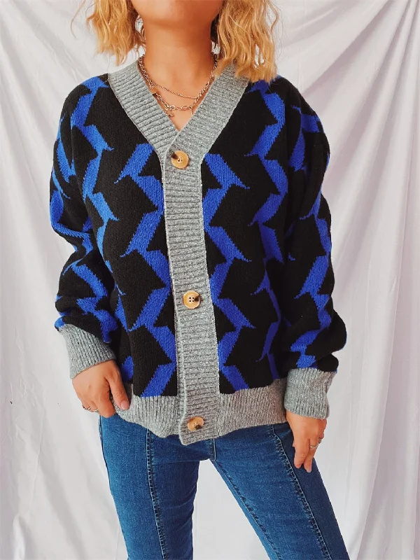 Contrast Trim Geometric V-Neck Long Sleeve Cardigan Refined Women's Classic 