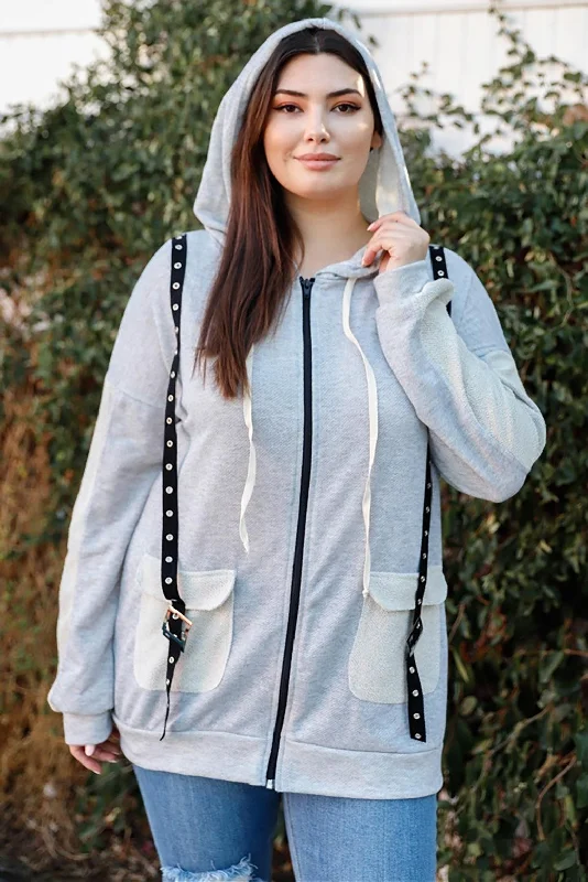 Plus Size Belt Zip-Up Reversed Hoodie Sweatshirt Sleek Women's Metallic