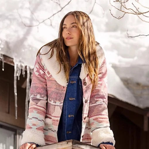 Wrangler Women's Sherpa Shawl Collar Coat in Rosa Pink Geometric