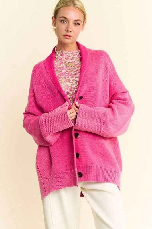 Davi & Dani Shawl Collar Ribbed Detail Button Up Cardigan Stylish Women's Neon
