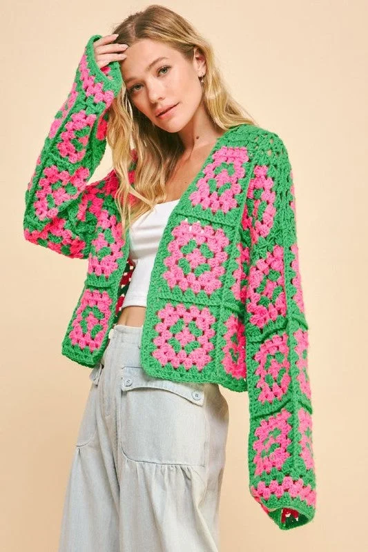 Davi & Dani Full Size Two Tone Flower Square Crochet Open Front Cardigan Women