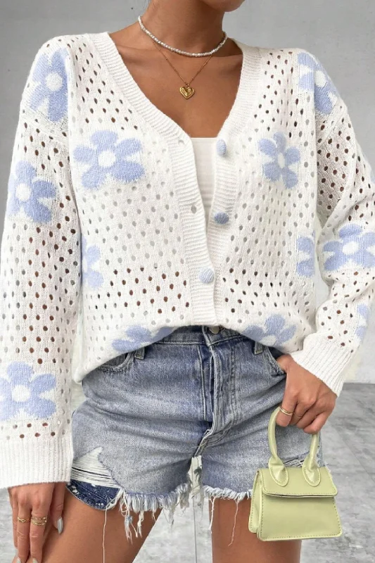 Flower Hollowed Out Button Down Long Sleeve Cardigan Refined Women's 
