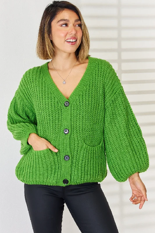 Pocketed Button Up Dropped Shoulder Cardigan European
