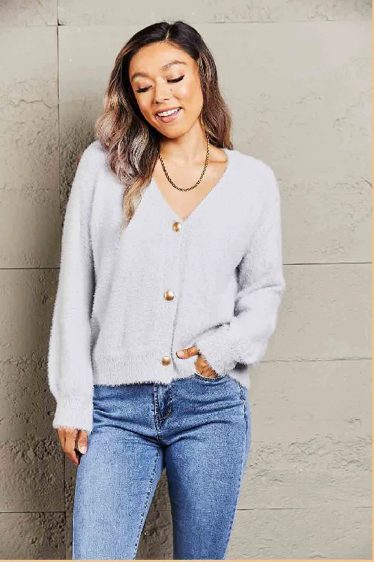 Fuzzy Long Sleeve Button Down Cardigan Refined Women's Hand - crafted
