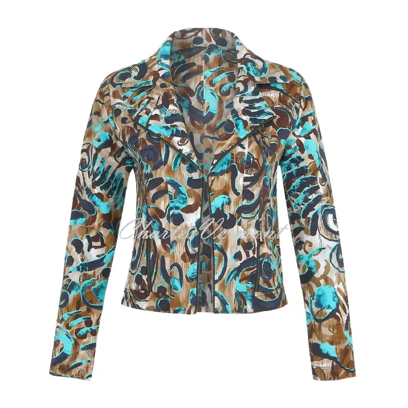 Knit Abstract Moto Jacket In Brown, Aqua, Multi Trendy Women's 