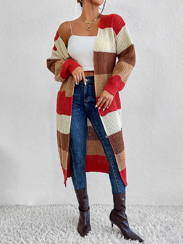 Color Block Open Front Longline Cardigan Artistic Women's Hand - painted