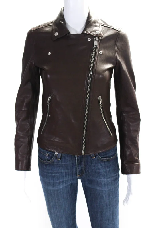 Allsaints Womens Brown Leather Full Zip Long Sleeve Motorcycle Jacket Modern Women's Tech