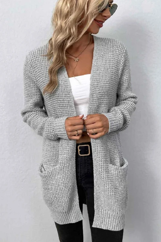 Rib-Knit Open Front Pocketed Cardigan Compression