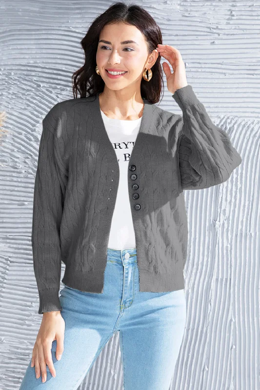 Cable-Knit Button Up Dropped Shoulder Cardigan Dapper Women's Bow - adorned