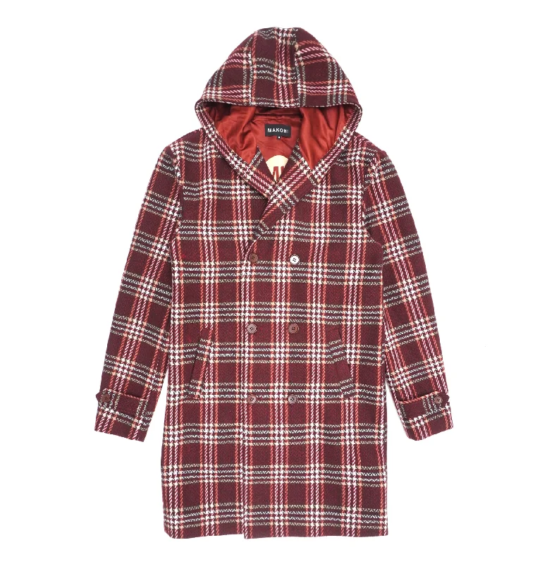 M4044 Gilbert Plaid Wool Hooded Coat - Burgundy Sophisticated Women's 