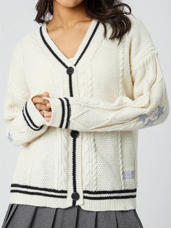 Star Embroidered V-Neck Long Sleeve Cardigan Polished Women's Silk