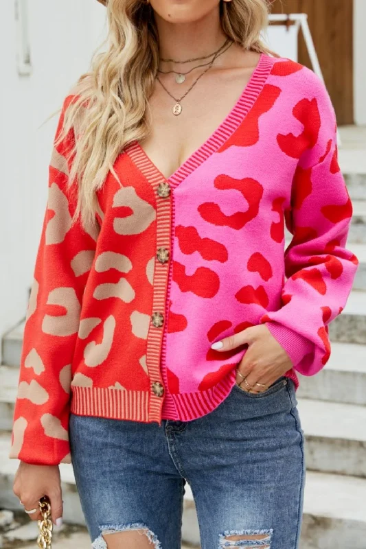 Leopard Button Up Dropped Shoulder Cardigan Classic Women's Tweed