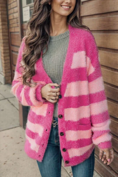 Striped Button Up Fuzzy Cardigan with Pockets Traditional Women's Wool