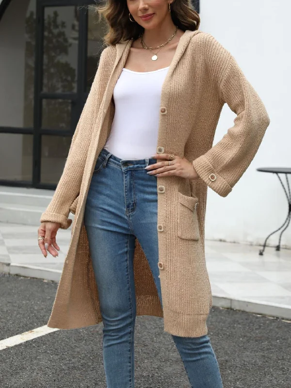 Pocketed Button Up Long Sleeve Hooded Cardigan Confident Women's High - fashion