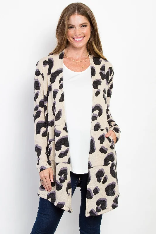 Be Stage Printed Open Front Knit Cardigan with Pockets Relaxed Women's 