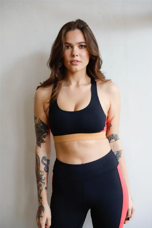 Black Multi Color Block Racerback Strap Classic Silhouette Sports Bra Activewear Top / XS-M/3-1 Youthful Women's Pop