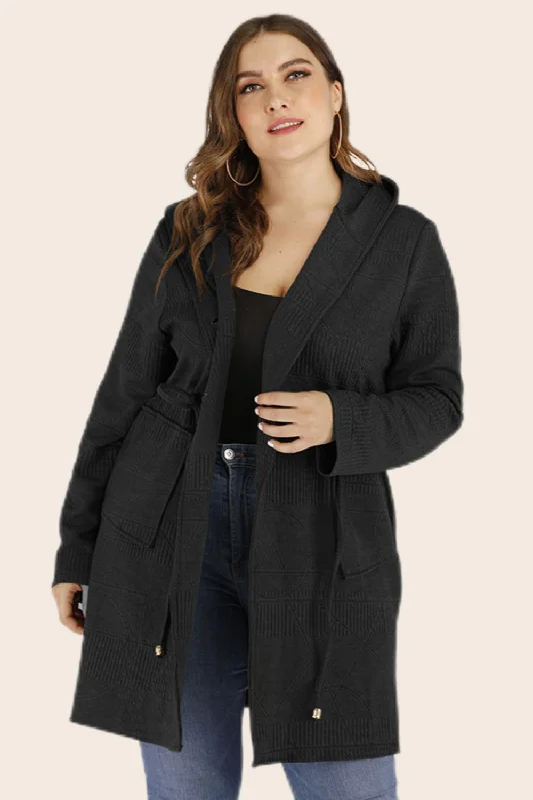 Plus Size Drawstring Waist Hooded Cardigan with Pockets Polished Women's Silk