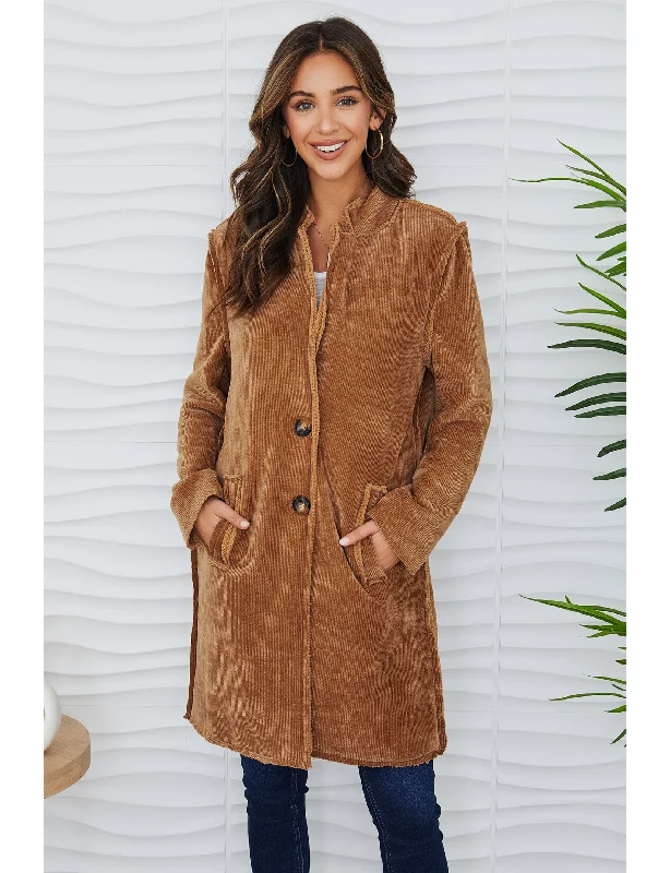 Cozy Corduroy Coat, Camel Monochromatic Office Style