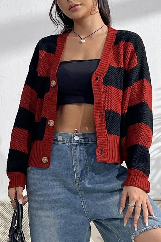 Striped Button Up Dropped Shoulder Cardigan Earthy Women's Hemp - based