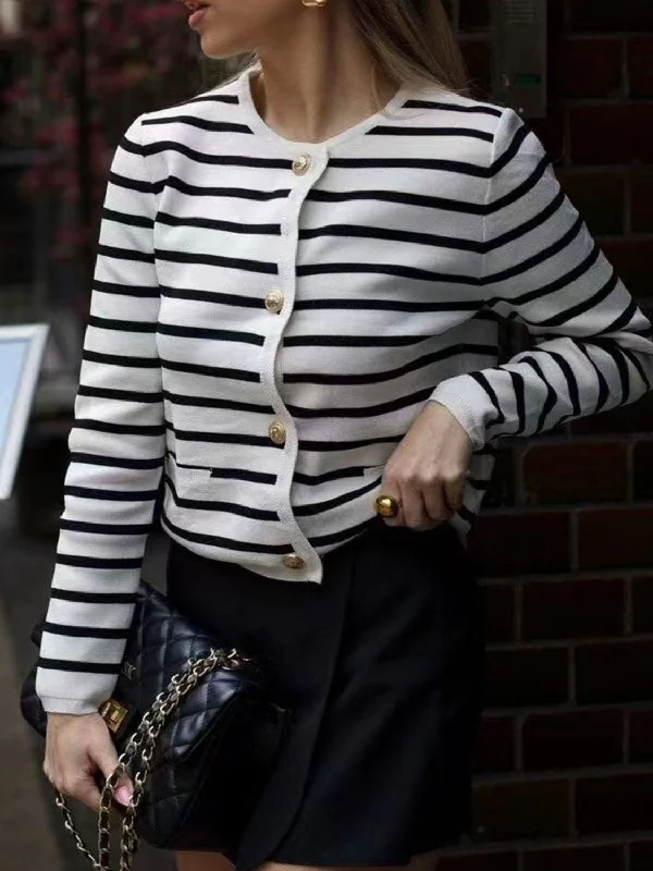 Striped Button Down Long Sleeve Cardigan Hip Women's Retro