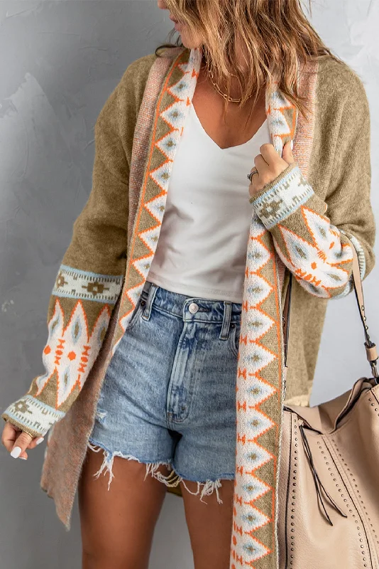 Geometric Open Front Long Sleeve Cardigan Rugged Women's Outdoor 