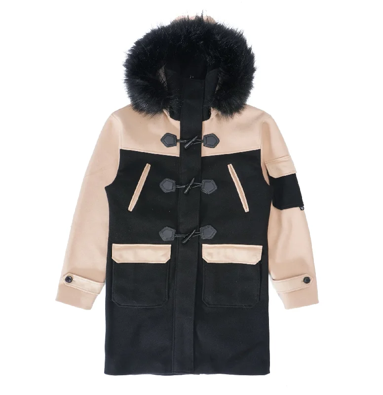 F1330 Maurice Wool Long Jacket w/ Fur- Black/Khaki British Gentlewoman Style