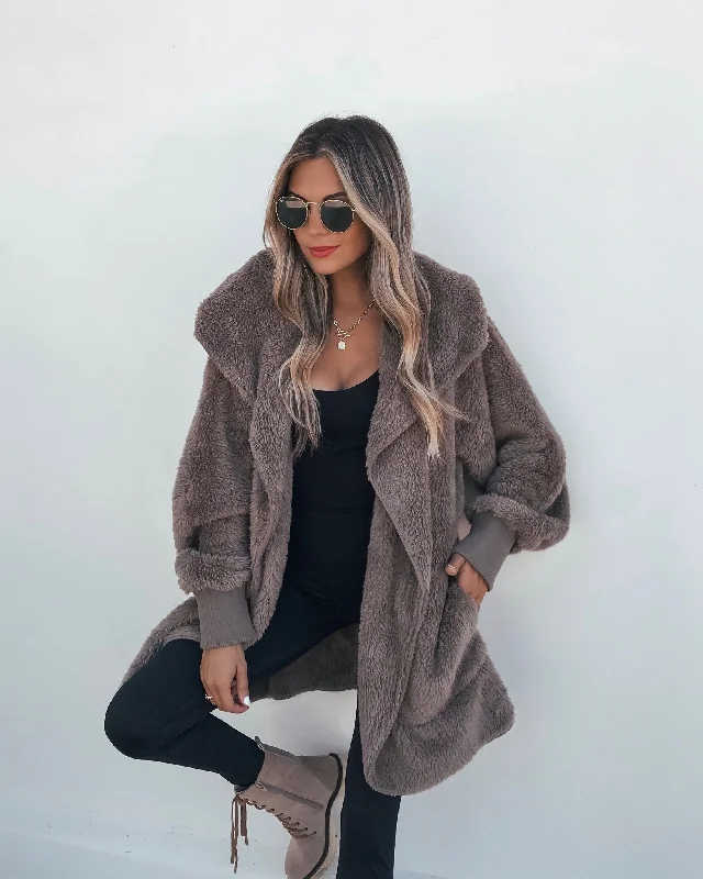 Teddy Fleece Hooded Cardigan - Brown Dapper Women's 1920S
