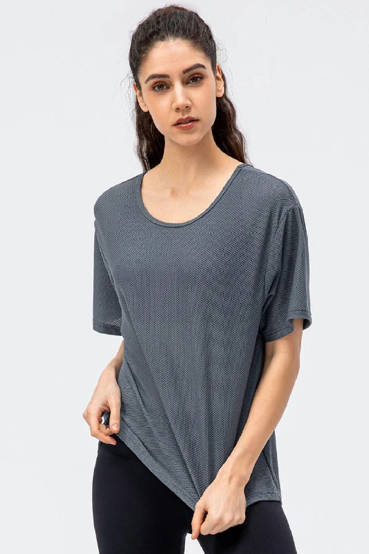 Round Neck Short Sleeve Active Tee Polished Women's Silk